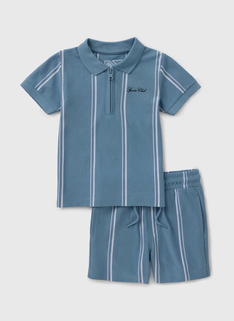 ماتلان Boys Blue Pique Stripe Polo Shirt & Short Set